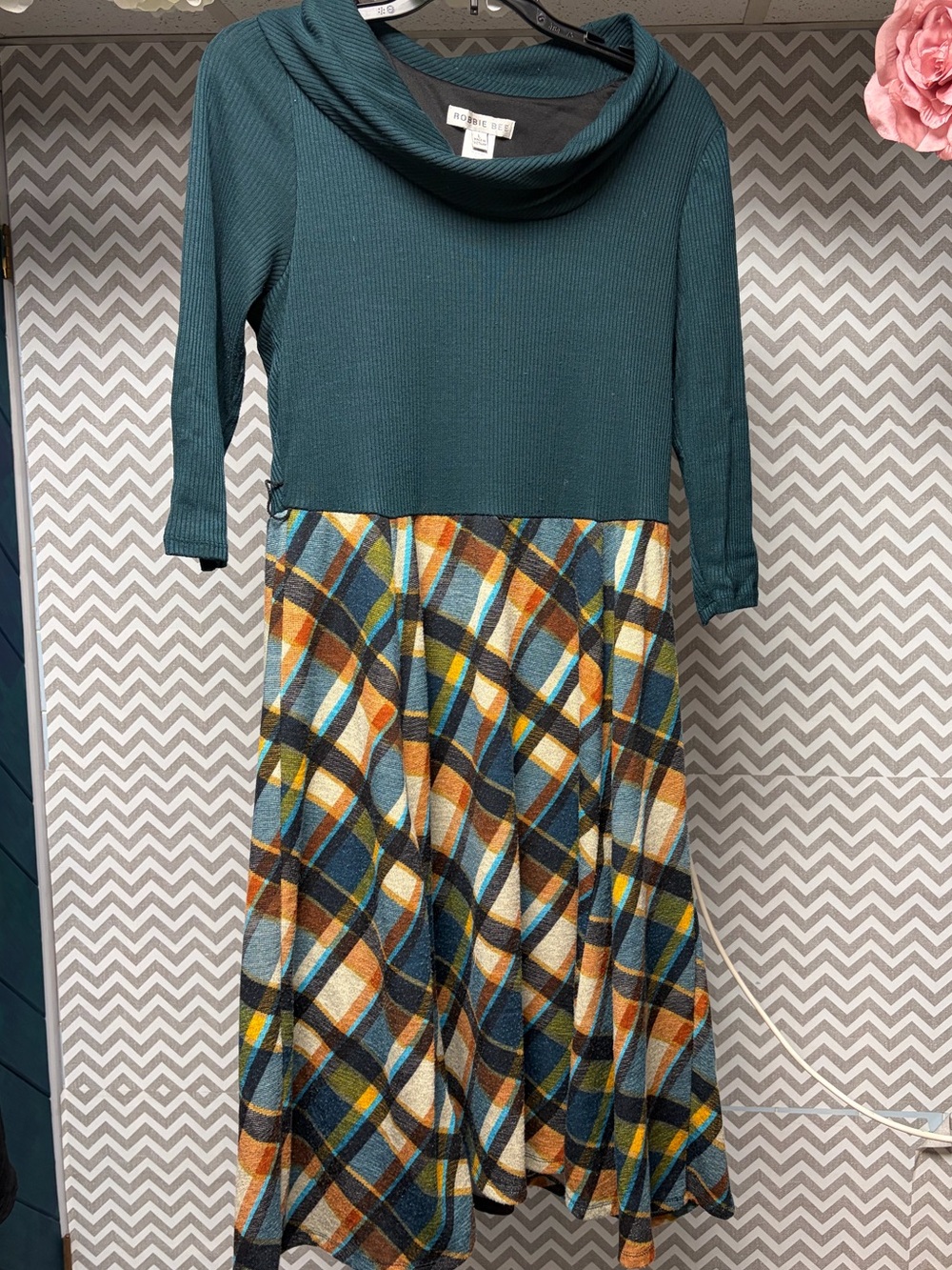 Teal Cowl Neck Plaid Skirt Dress